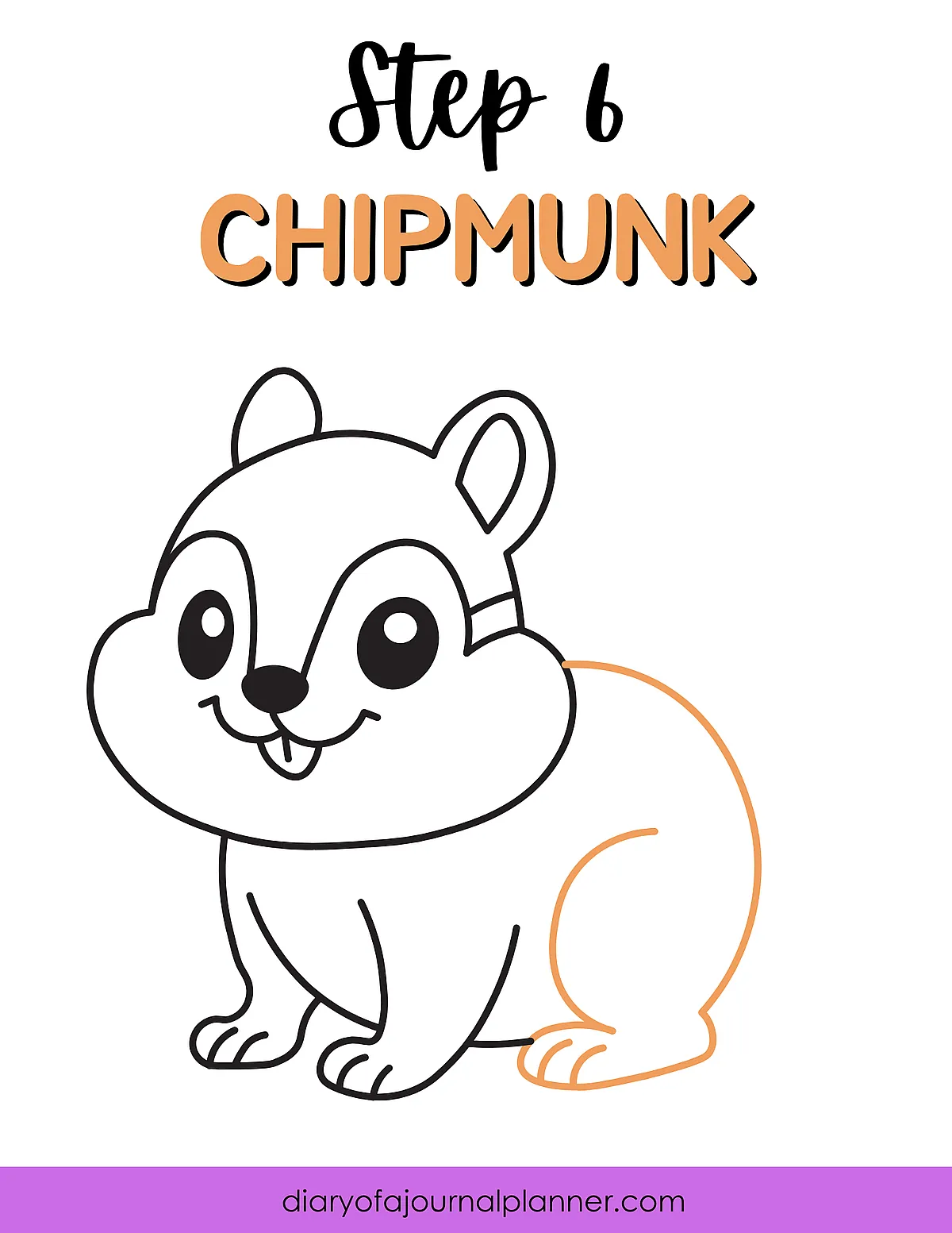 Step 6 drawing of a chipmunk, outlined in black and orange – DIY animal art guide.
