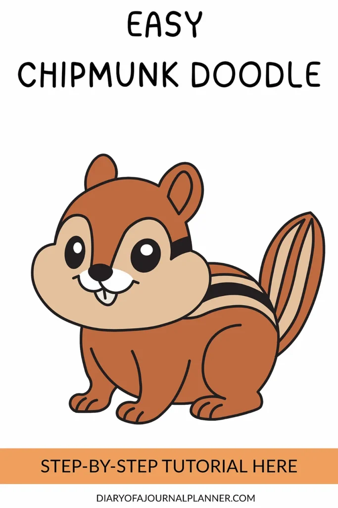 Cartoon chipmunk doodle with tutorial text, ideal for drawing beginners.