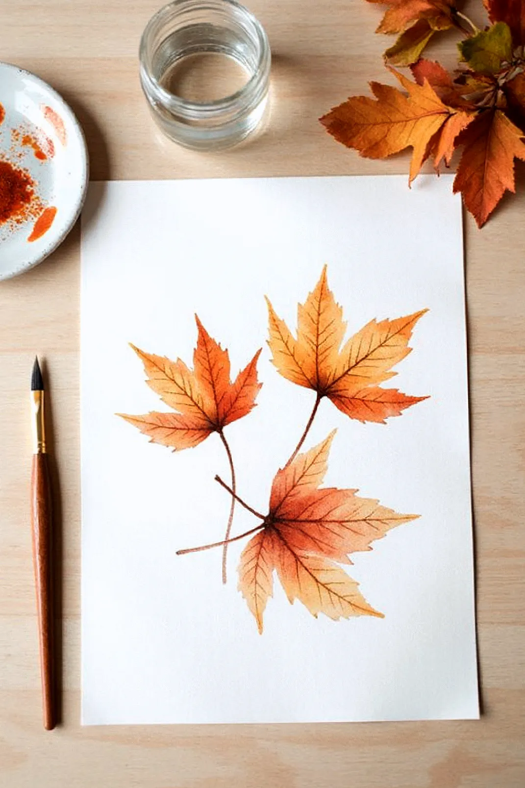 Watercolor fall leaves with paintbrush, glass of water, and palette on wooden table.
