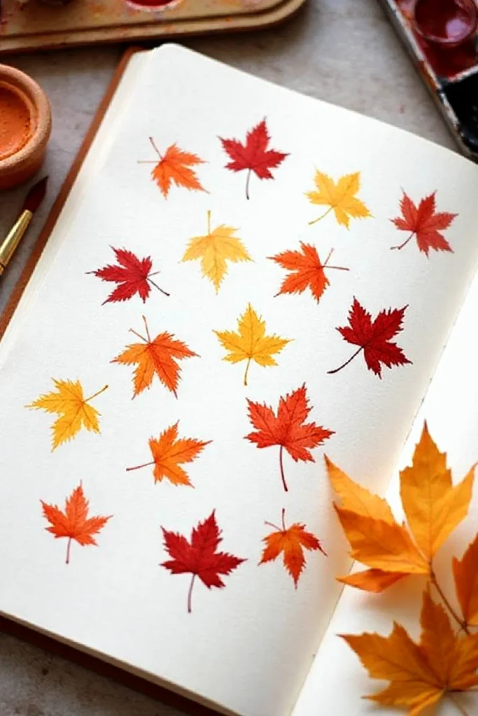 Notebook with painted autumn maple leaves in red, orange, and yellow hues, capturing a seasonal art scene.