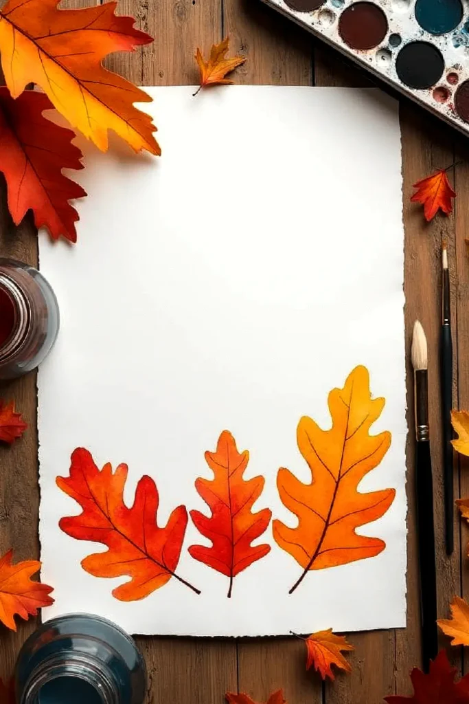 Autumn leaves painting on a wooden table with brushes and watercolor palette.