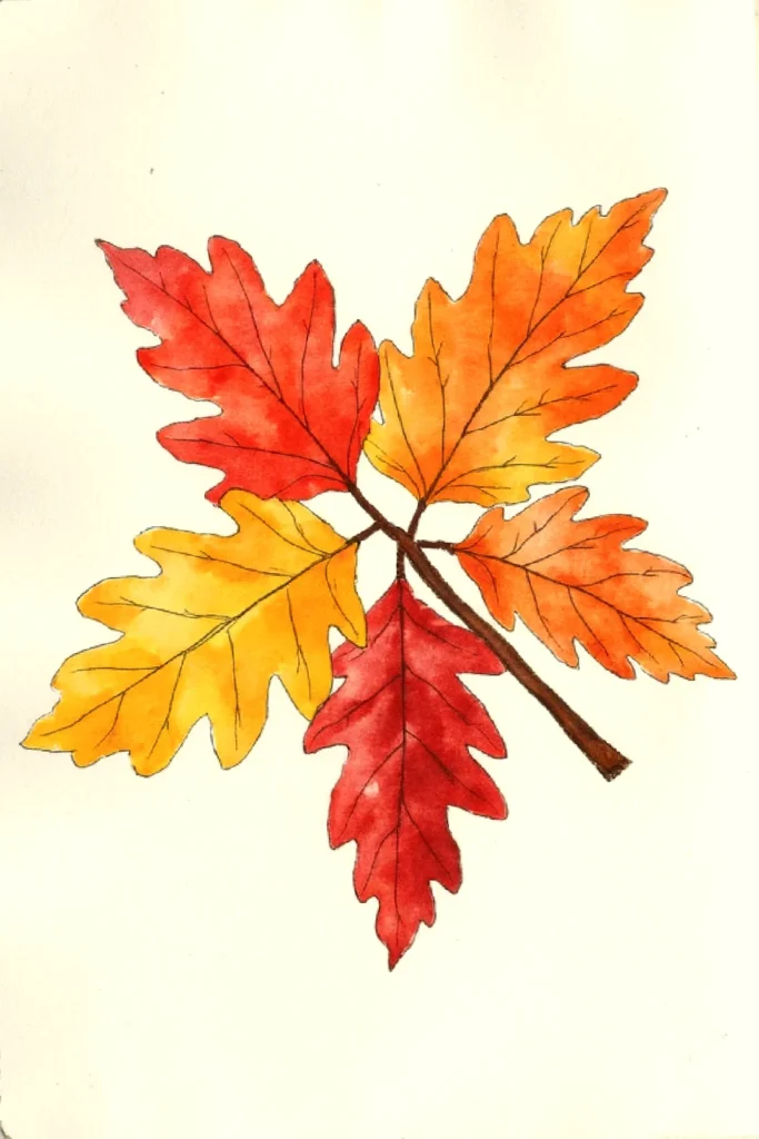 Watercolor illustration of vibrant autumn leaves in red, orange, and yellow hues on a white background.