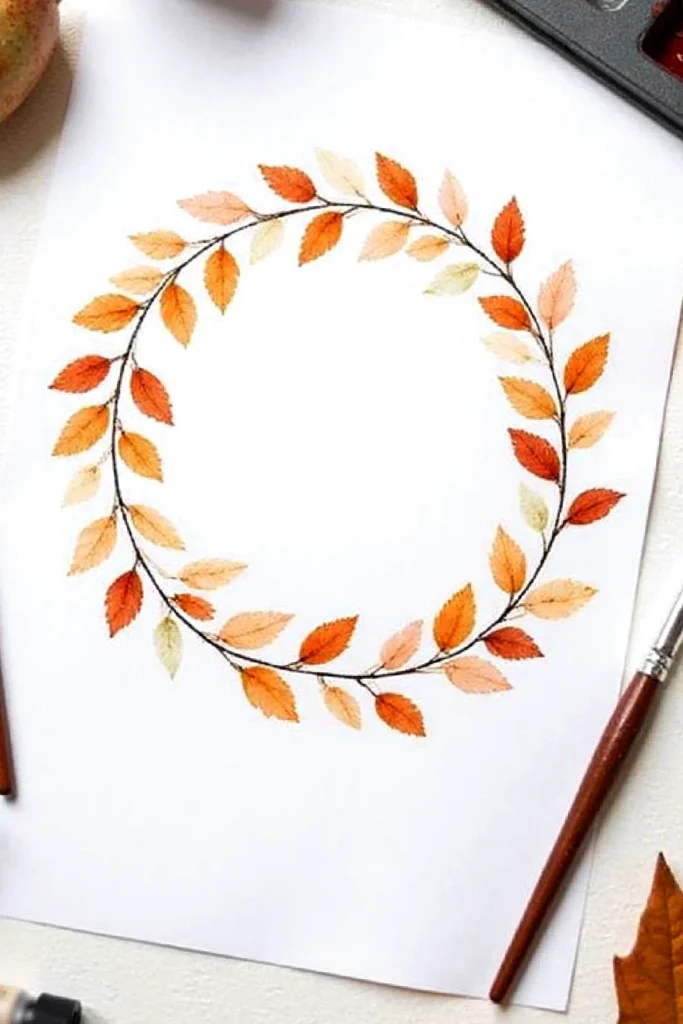 Autumn watercolor leaf wreath on white paper with paintbrushes nearby.