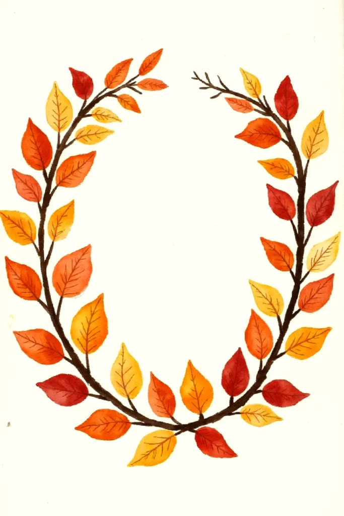 Watercolor autumn wreath with red, orange, and yellow leaves on white background, evoking a seasonal and festive vibe.