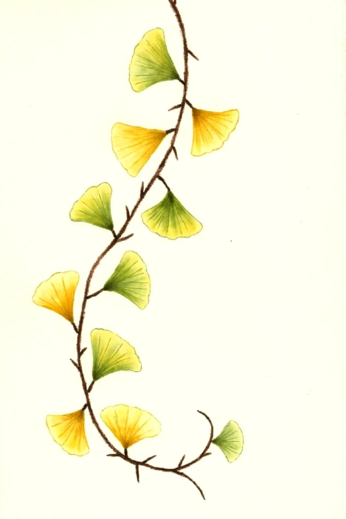Illustration of a vine with yellow and green fan-shaped leaves on a light background.