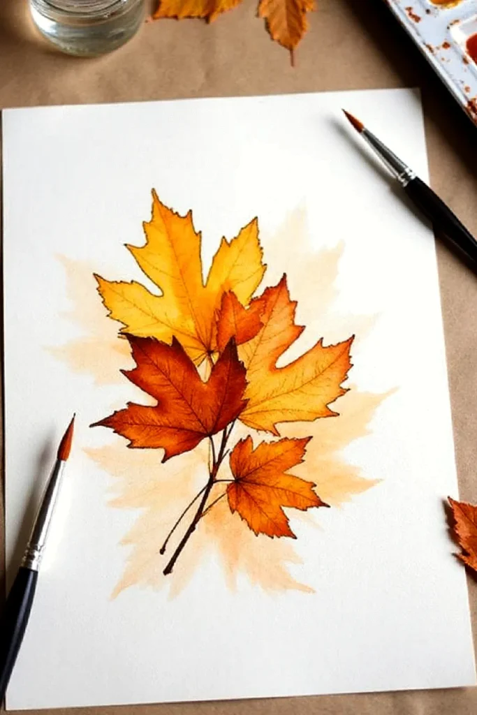 Watercolor painting of vibrant autumn leaves with brushes on paper, highlighting fall colors and artistic creativity.