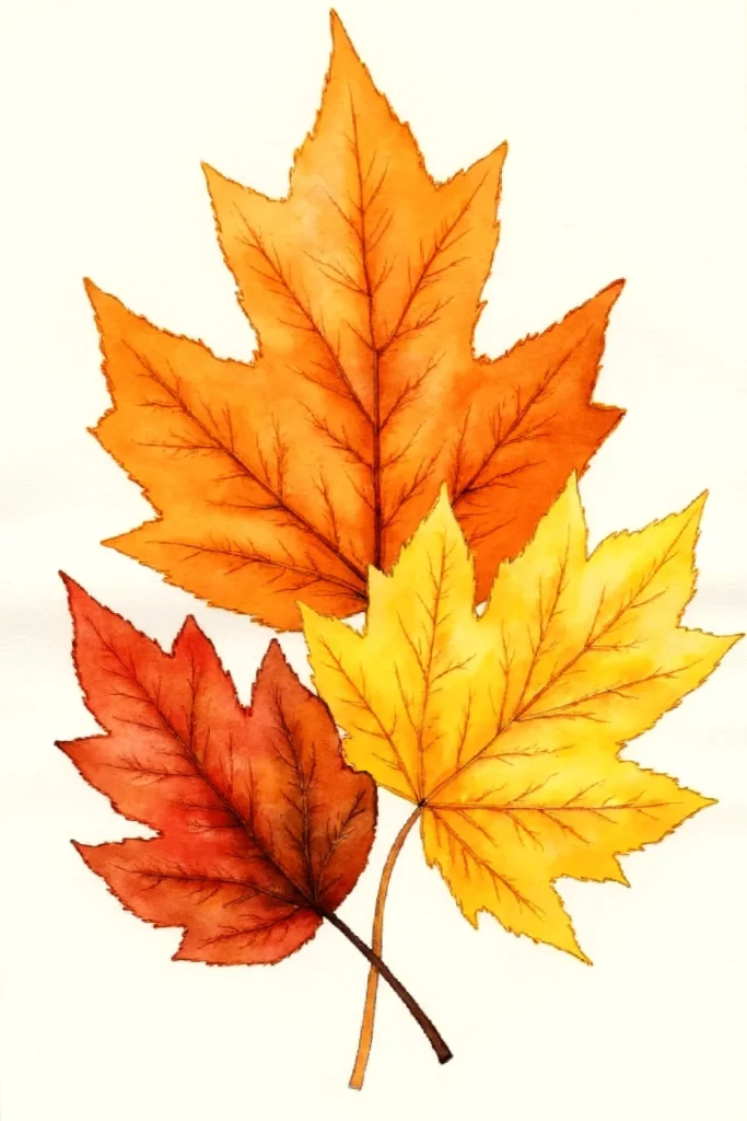 Watercolor illustration of three vibrant autumn leaves in orange, red, and yellow tones on a white background.