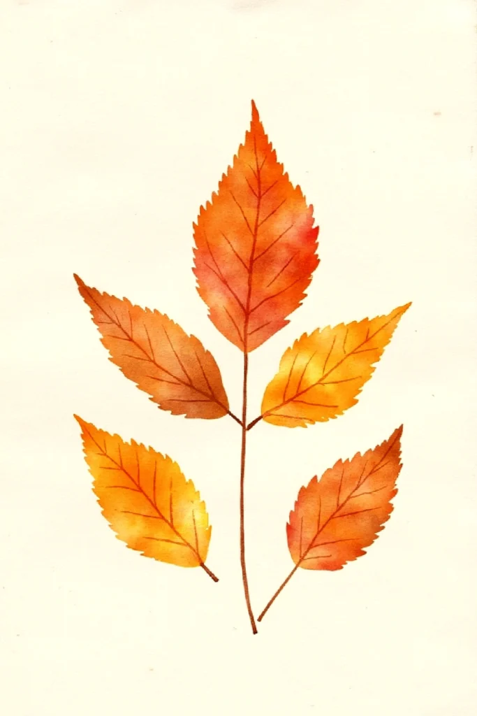 Watercolor painting of five vibrant orange autumn leaves on a stem, symbolizing fall season and nature's beauty.