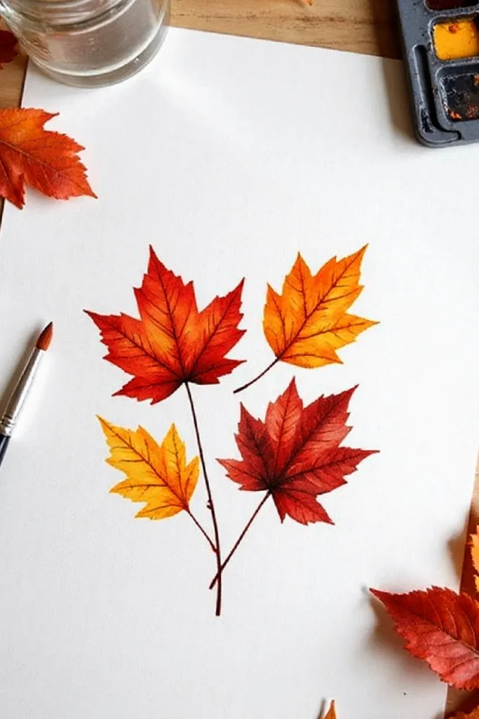 Watercolor autumn leaves painting on paper with brush and palette. Perfect for fall art inspiration and seasonal creativity.