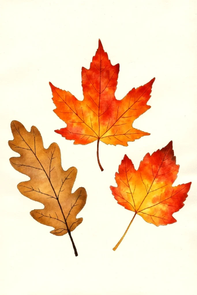 Watercolor painting of three autumn leaves in vibrant orange and brown hues on a white background.