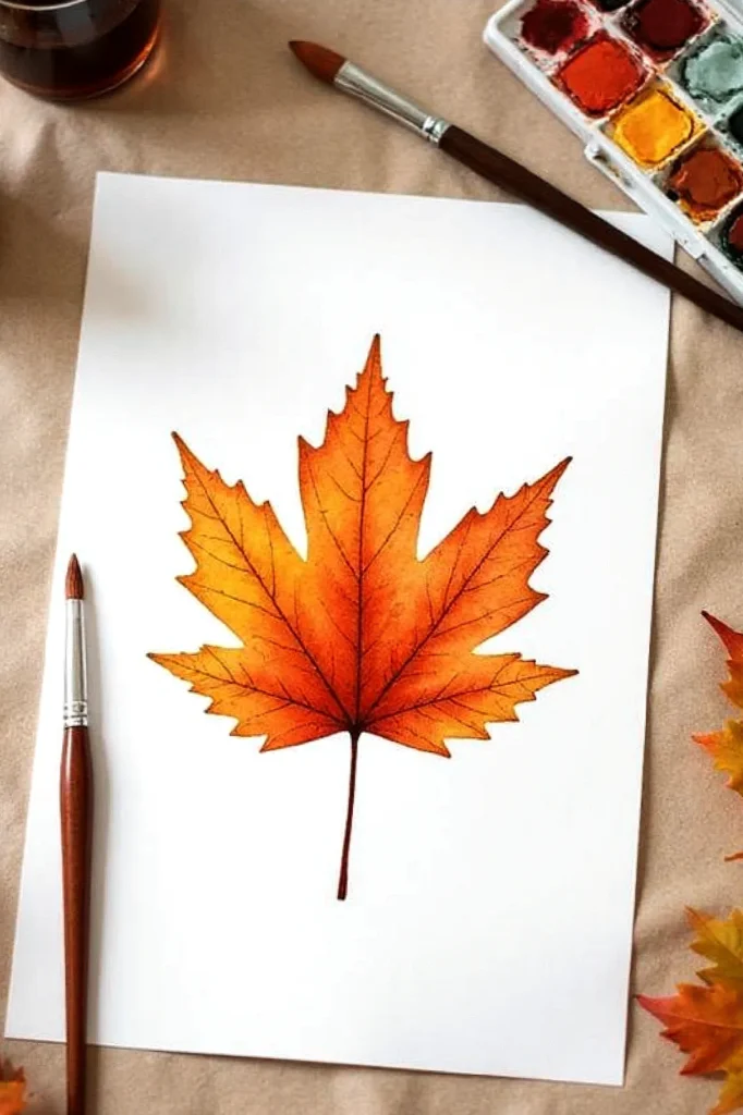 Watercolor painting of a vibrant orange maple leaf on paper with brushes and paints nearby.