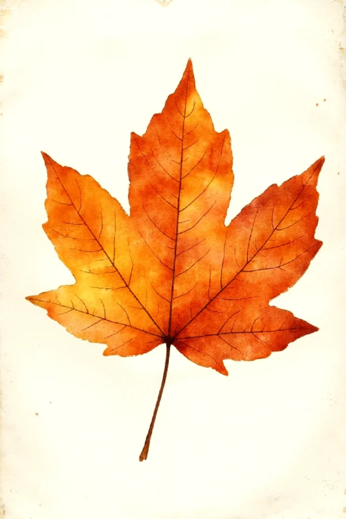 Watercolor illustration of an orange autumn maple leaf on a light background.