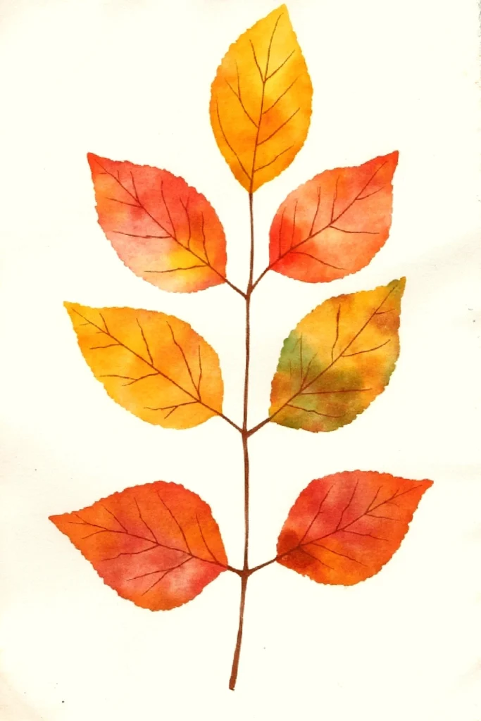 Watercolor painting of a branch with nine autumn leaves in red, orange, and yellow hues.