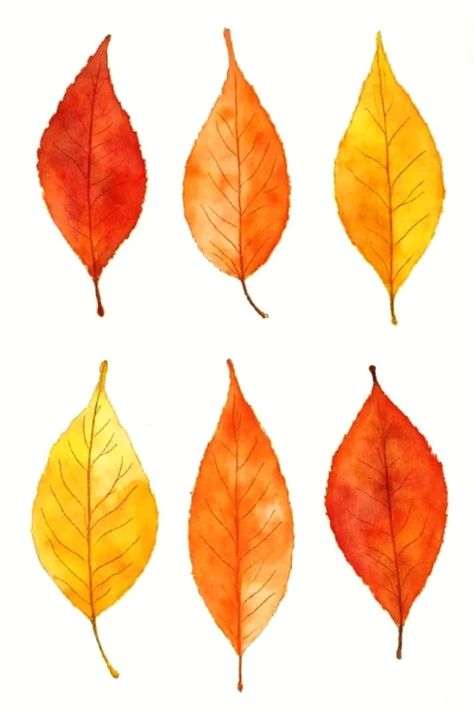 Watercolor painting of six autumn leaves in shades of yellow and orange on a white background.