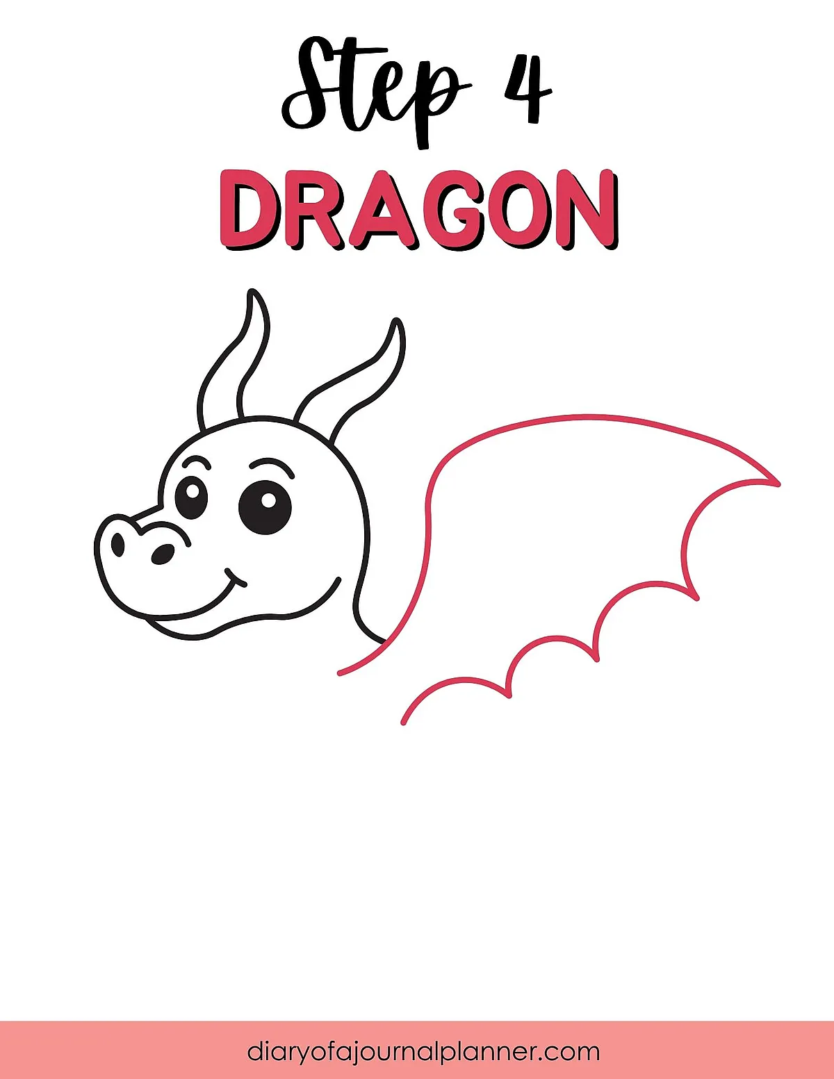 Drawing tutorial: Step 4, outlining dragon's head and wing sketch. Simple dragon illustration guide.
