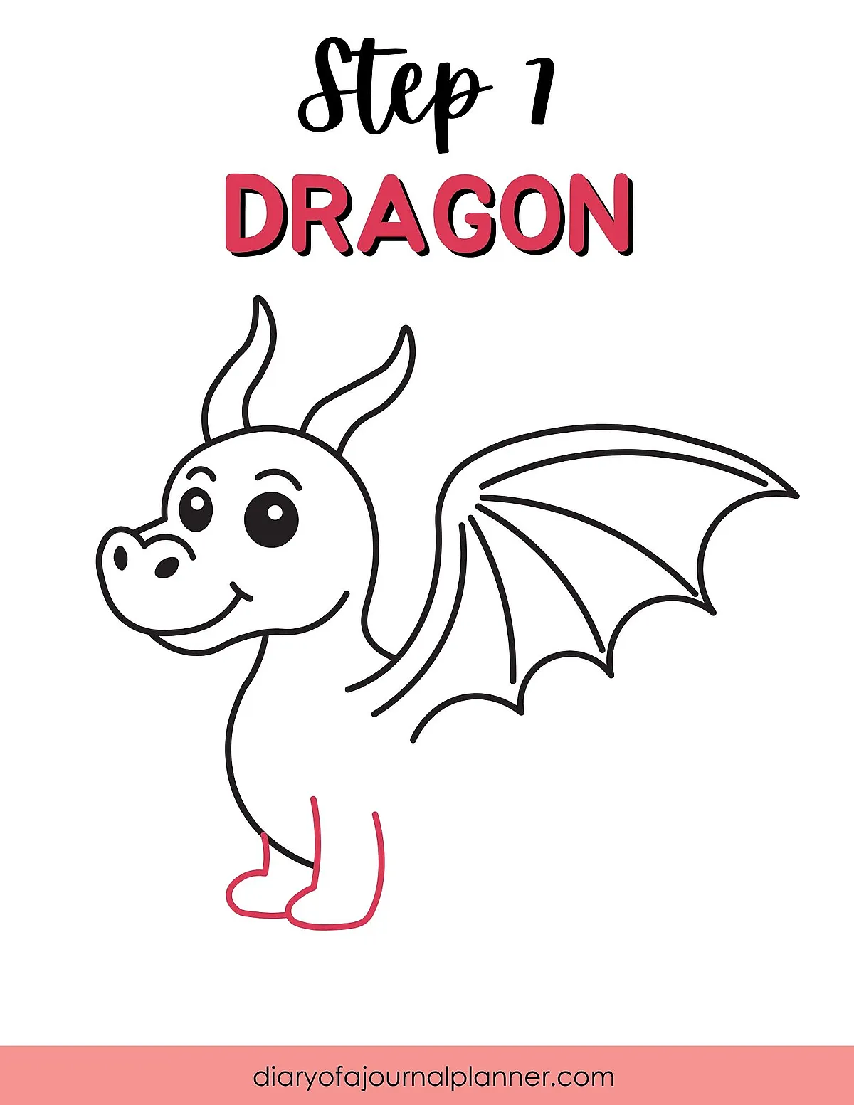 Step 1: Simple dragon drawing guide with outlined wings, face, and legs for beginners.
