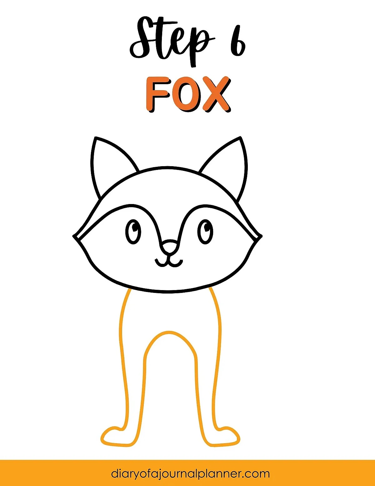 Step 6 of drawing a cartoon fox outline with simple lines and features for beginners.