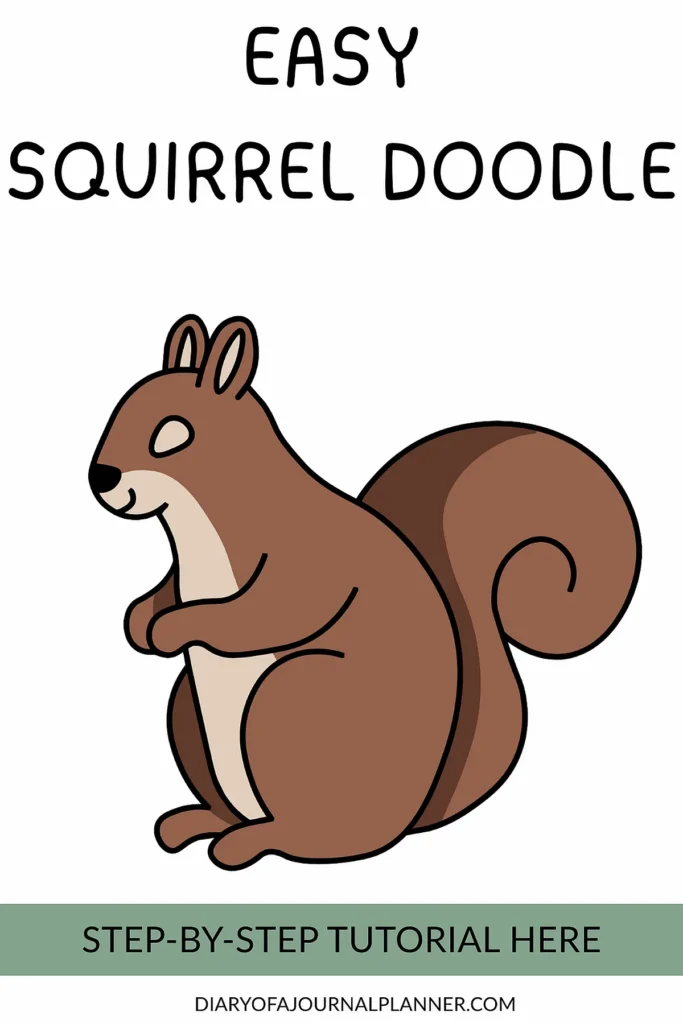 Illustrated squirrel doodle with step-by-step drawing tutorial link at the bottom.