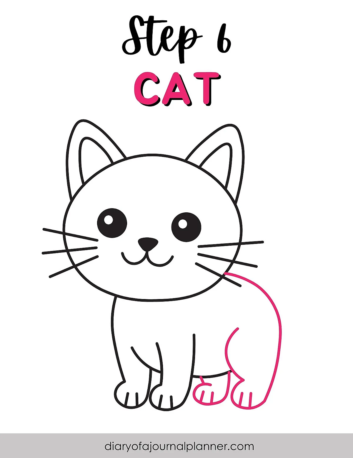 Step-by-step guide to drawing a cute cat, highlighting the next outline in pink.