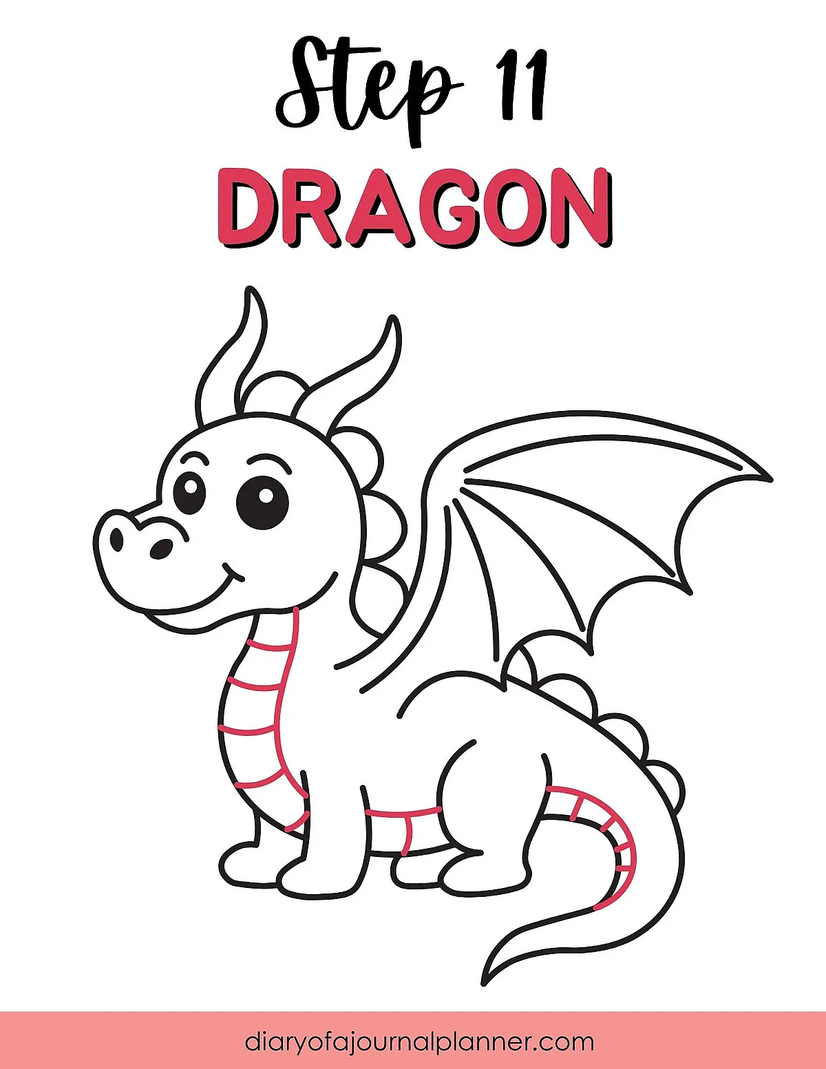 Illustration of a cute dragon with wings from step-by-step drawing guide, Step 11, by diaryofajournalplanner.com