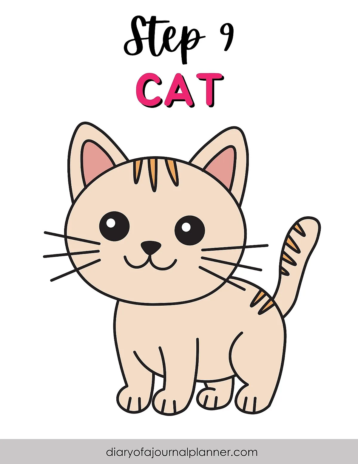 Illustrated step 9: drawing a cute cartoon cat with stripes, part of a tutorial from diaryofajournalplanner.com.