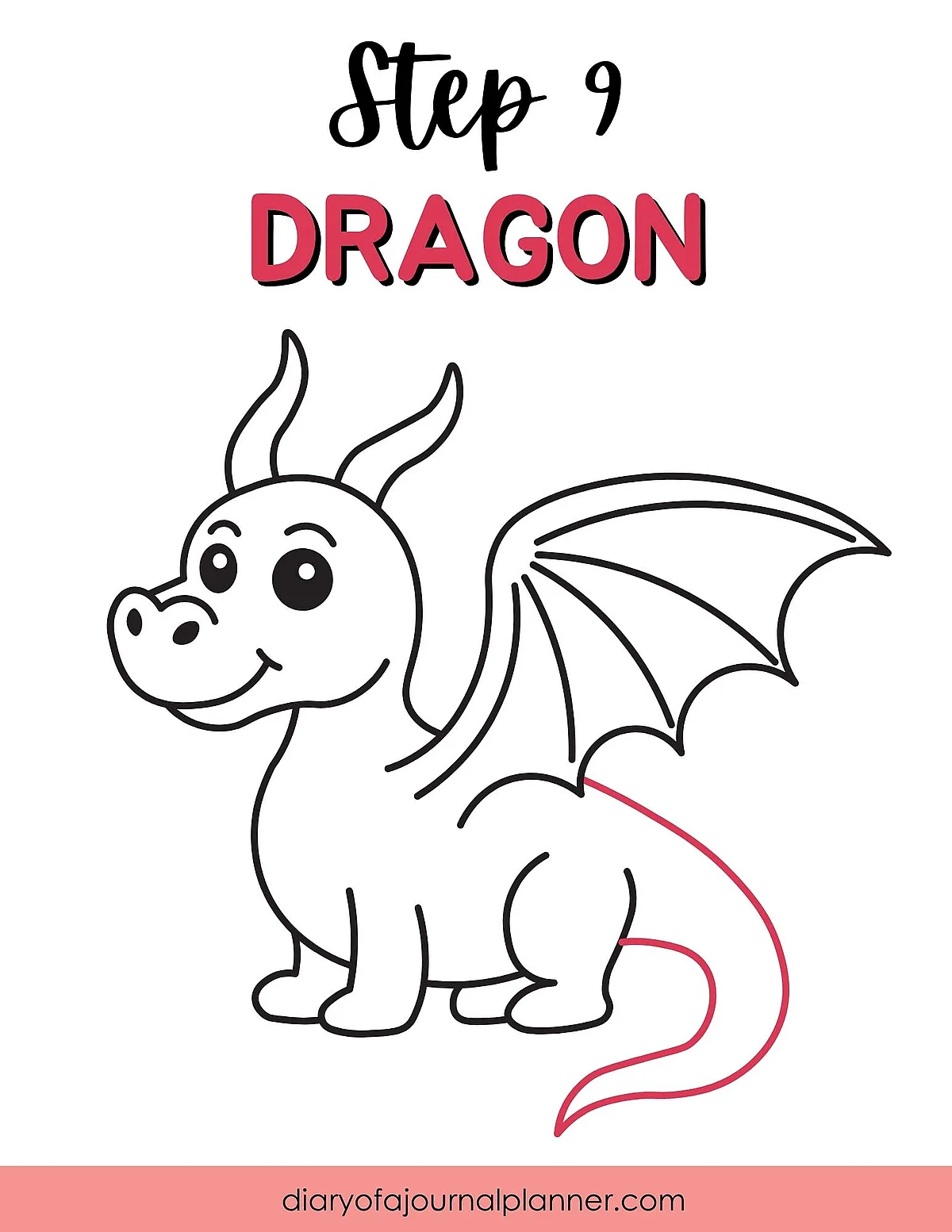Step 9 of dragon drawing tutorial, showing a simple outline of a cute dragon with wings and a curled tail.