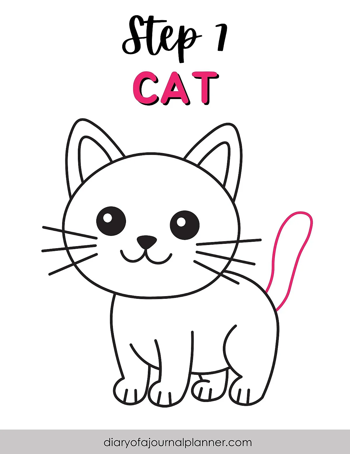 Step 1 of how to draw a cute cat: simple black outline illustration with CAT in bold pink letters.