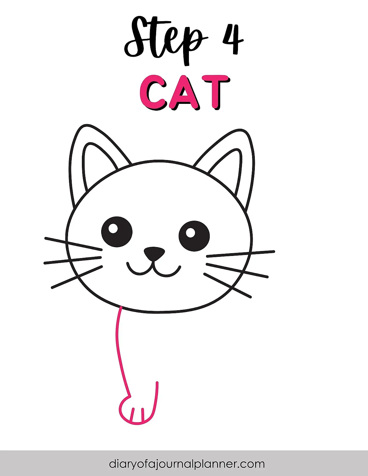 Simple step 4 cat drawing tutorial with drawn cat face and paw. Follow easy guide to draw a cute cat.