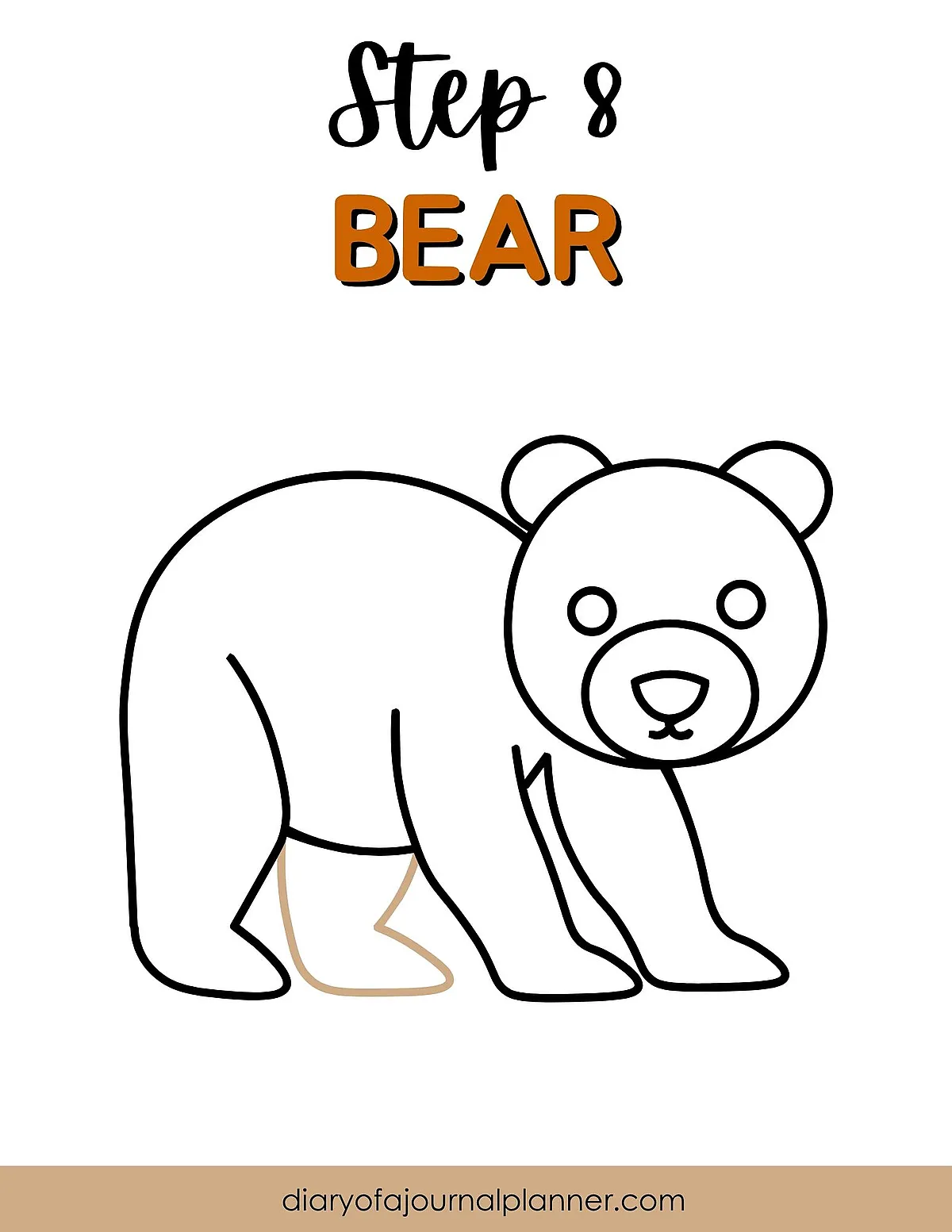 Step 8 in drawing: Outline of a bear illustrated with simple black lines.