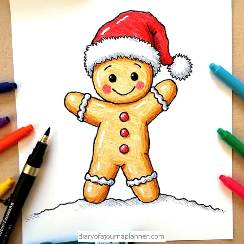 Cute gingerbread man in Santa hat drawing on paper, surrounded by colorful markers.