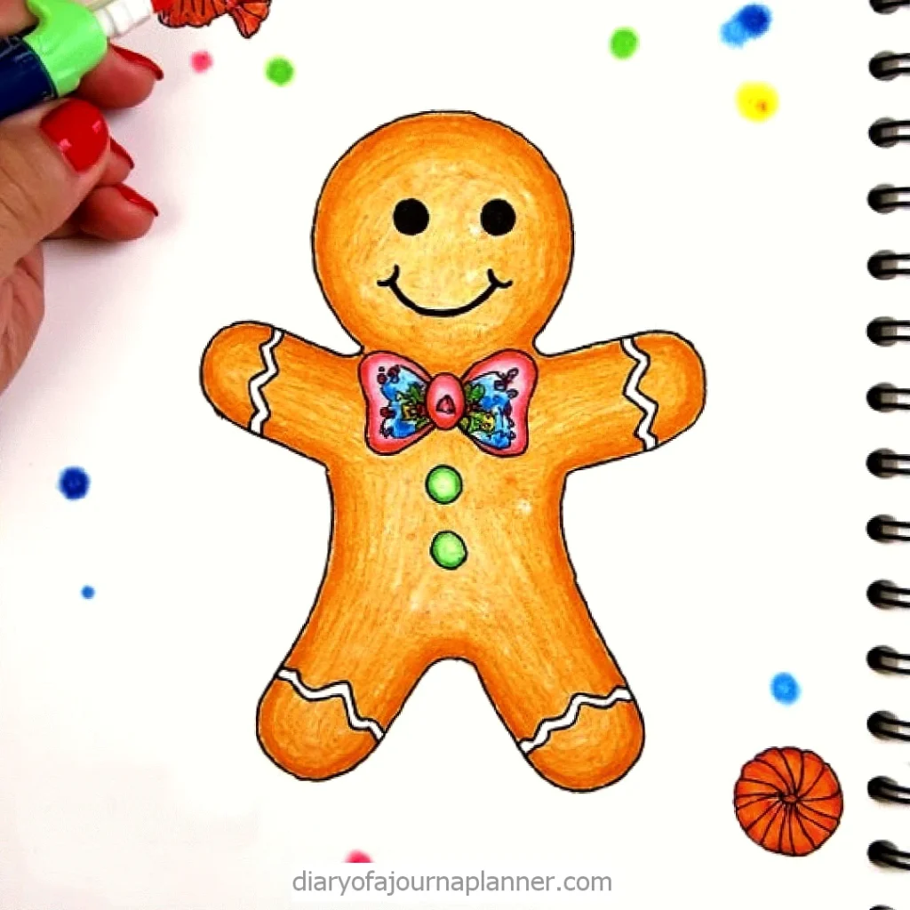 Colorful gingerbread man drawing with a playful bow tie and decorative elements on a white notebook page.