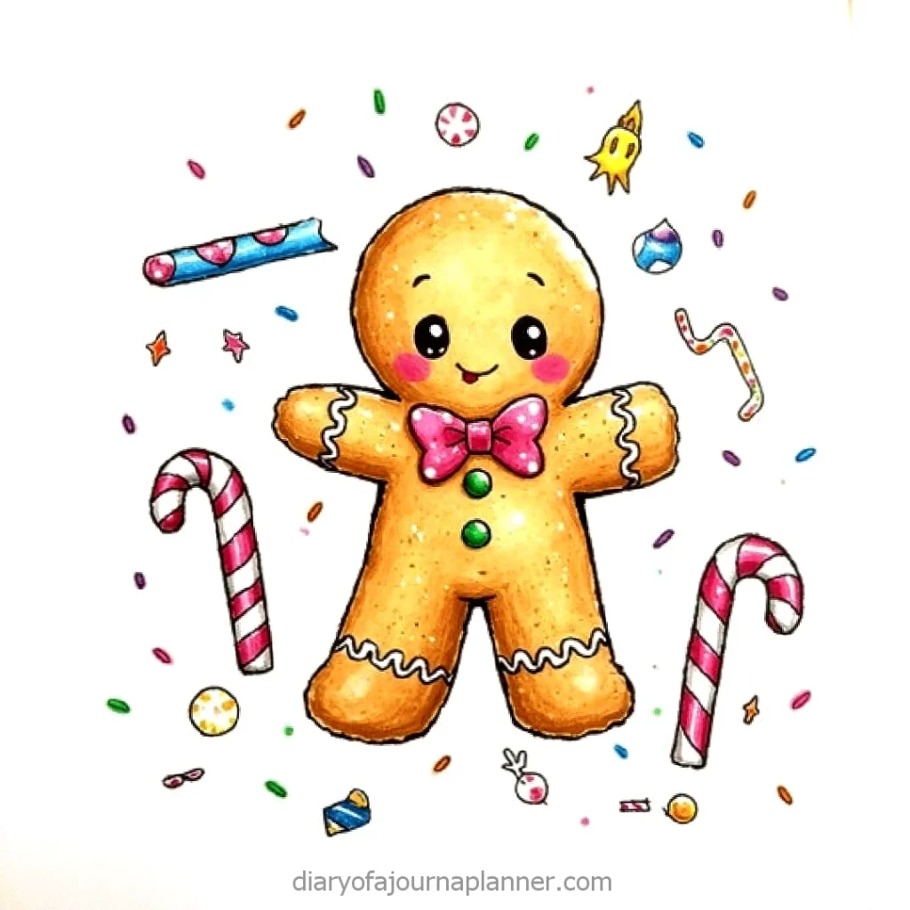 Cute gingerbread character with red bow tie surrounded by candy canes and colorful sprinkles.