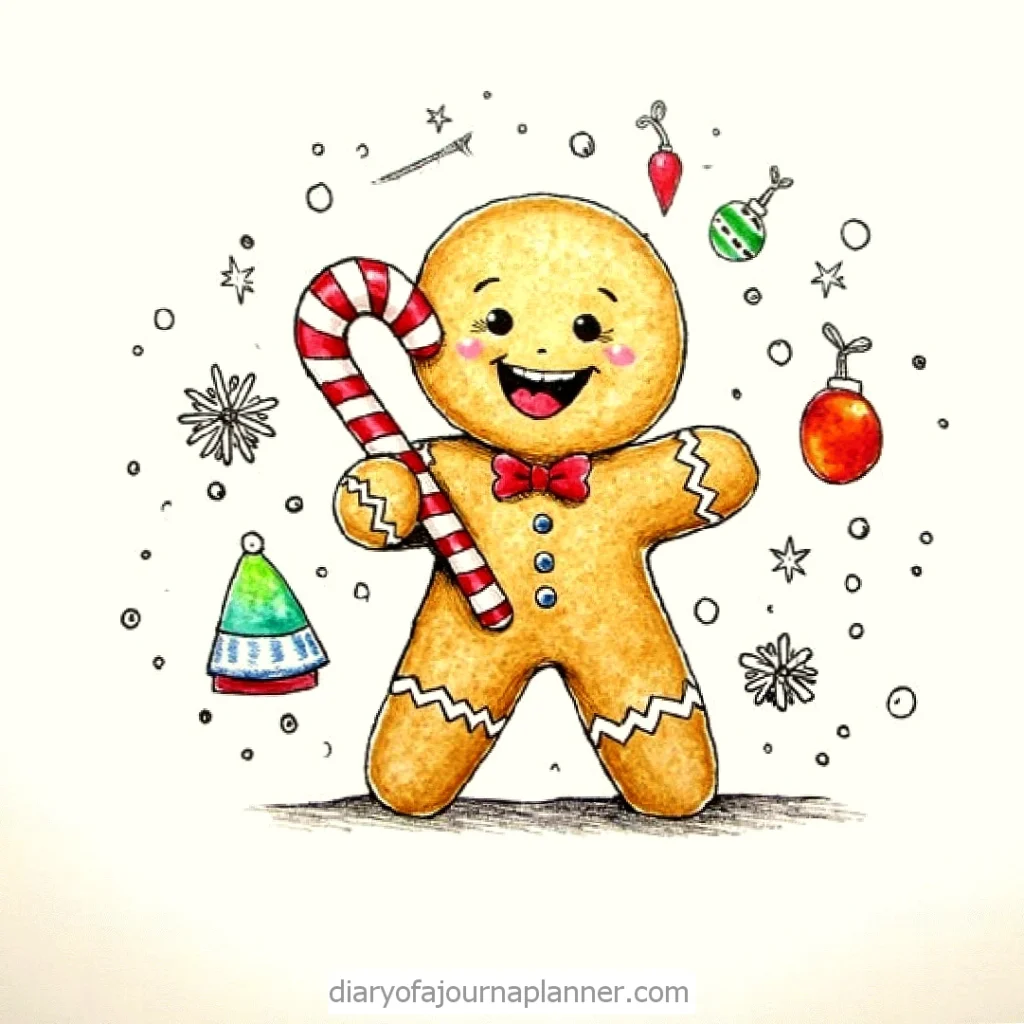 Smiling gingerbread man with candy cane surrounded by festive ornaments and stars, perfect for a cheerful holiday theme.