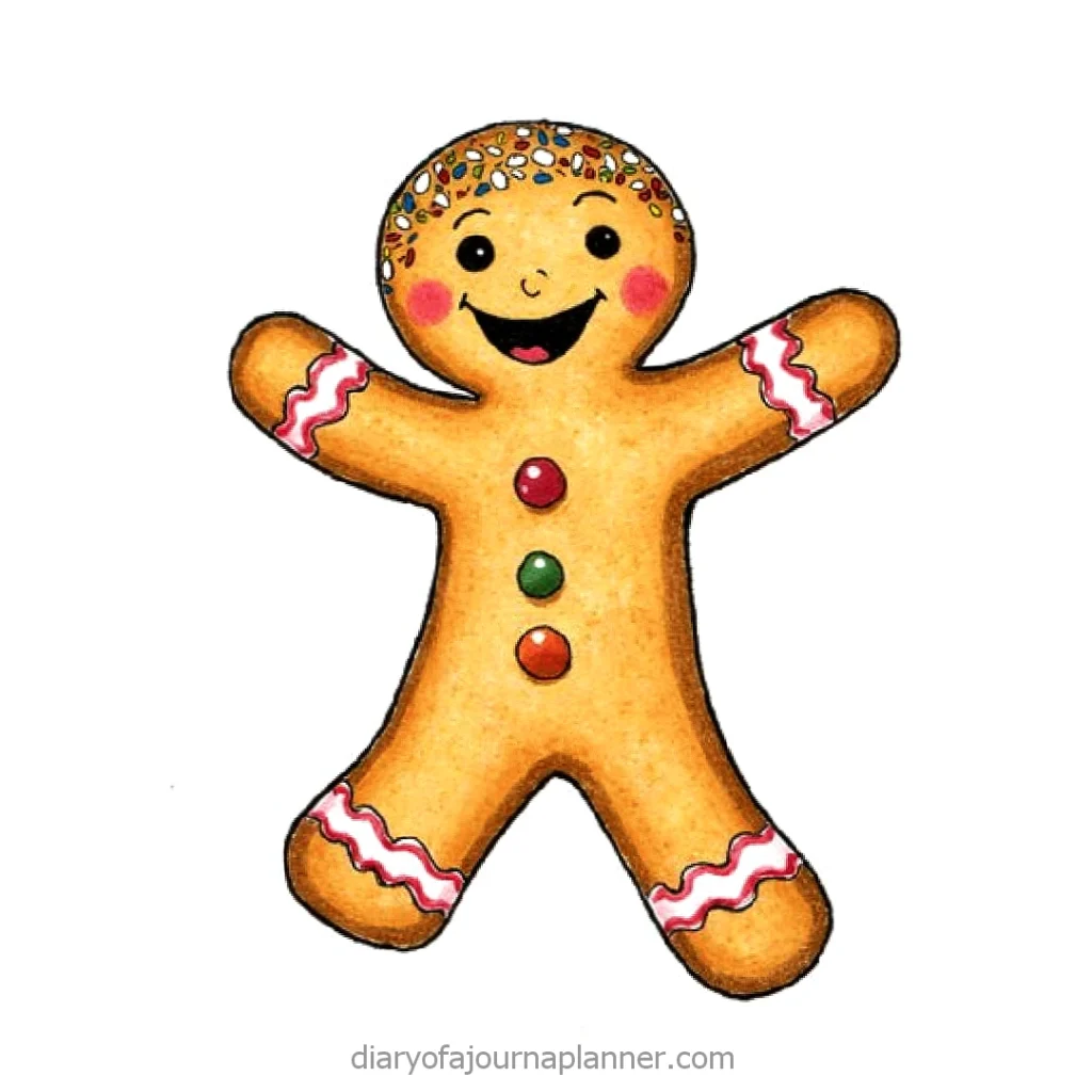 Illustrated gingerbread man with colorful sprinkles, buttons, and icing details, smiling with arms open.