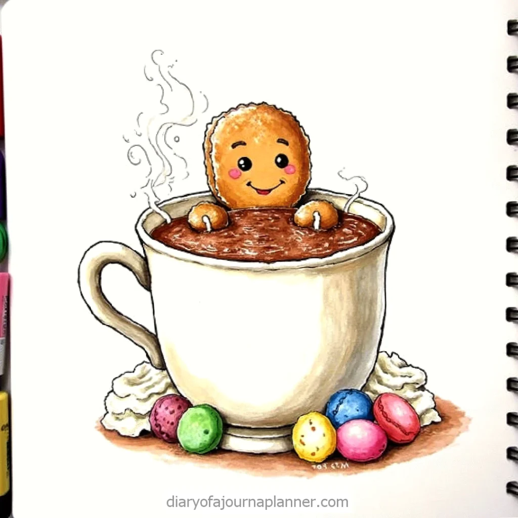 Cartoon cookie character relaxing in a steaming cup of hot chocolate with colorful candies and whipped cream.