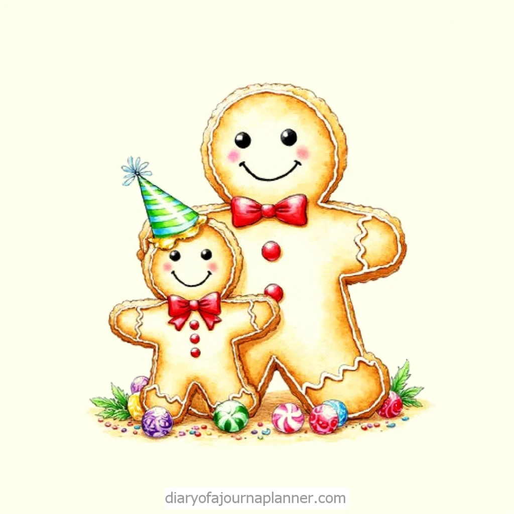 Smiling gingerbread cookies with a party hat and bow ties surrounded by colorful candy.