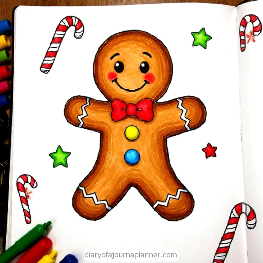 Smiling gingerbread man drawing with candy canes and stars, colored with markers. Holiday-themed notebook art.