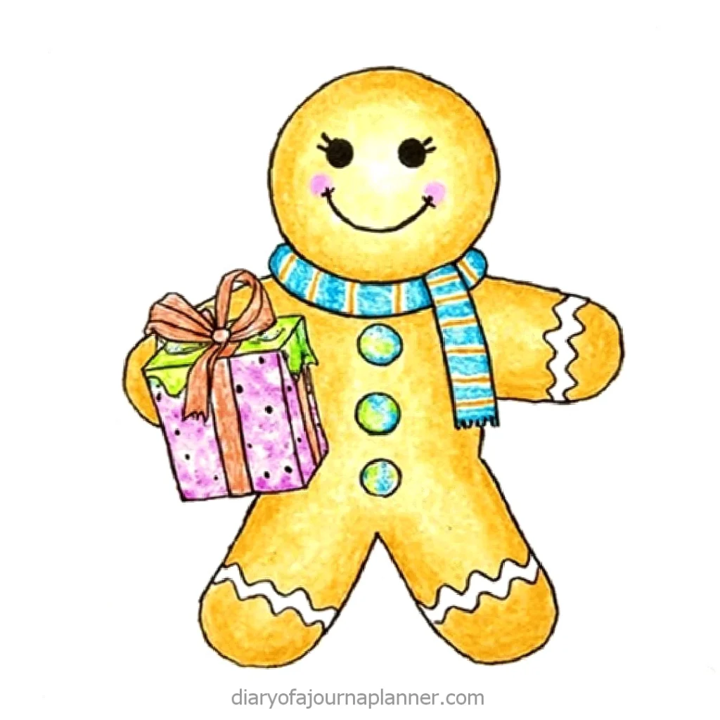 Cute gingerbread man with blue scarf holding a colorful gift box, perfect for festive holiday themes.