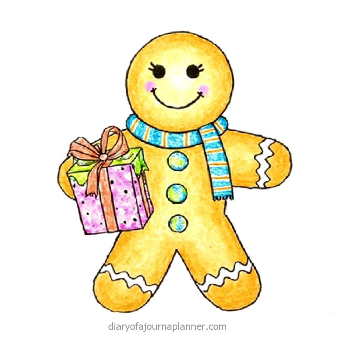 Cute gingerbread man drawing ideas with blue scarf holding a colorful gift box, perfect for festive holiday themes.