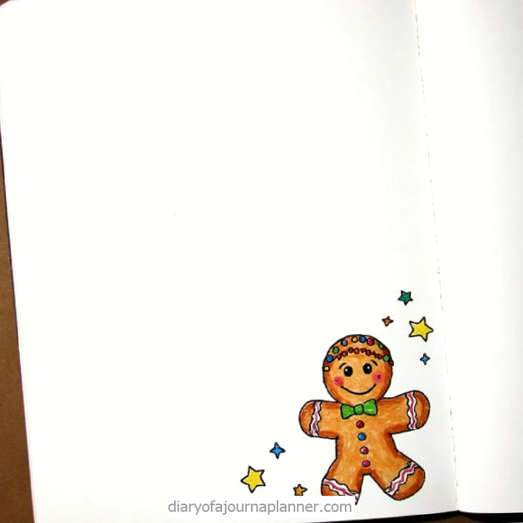 Cute gingerbread man doodle with colorful stars in a journal corner. Festive and creative planner design.