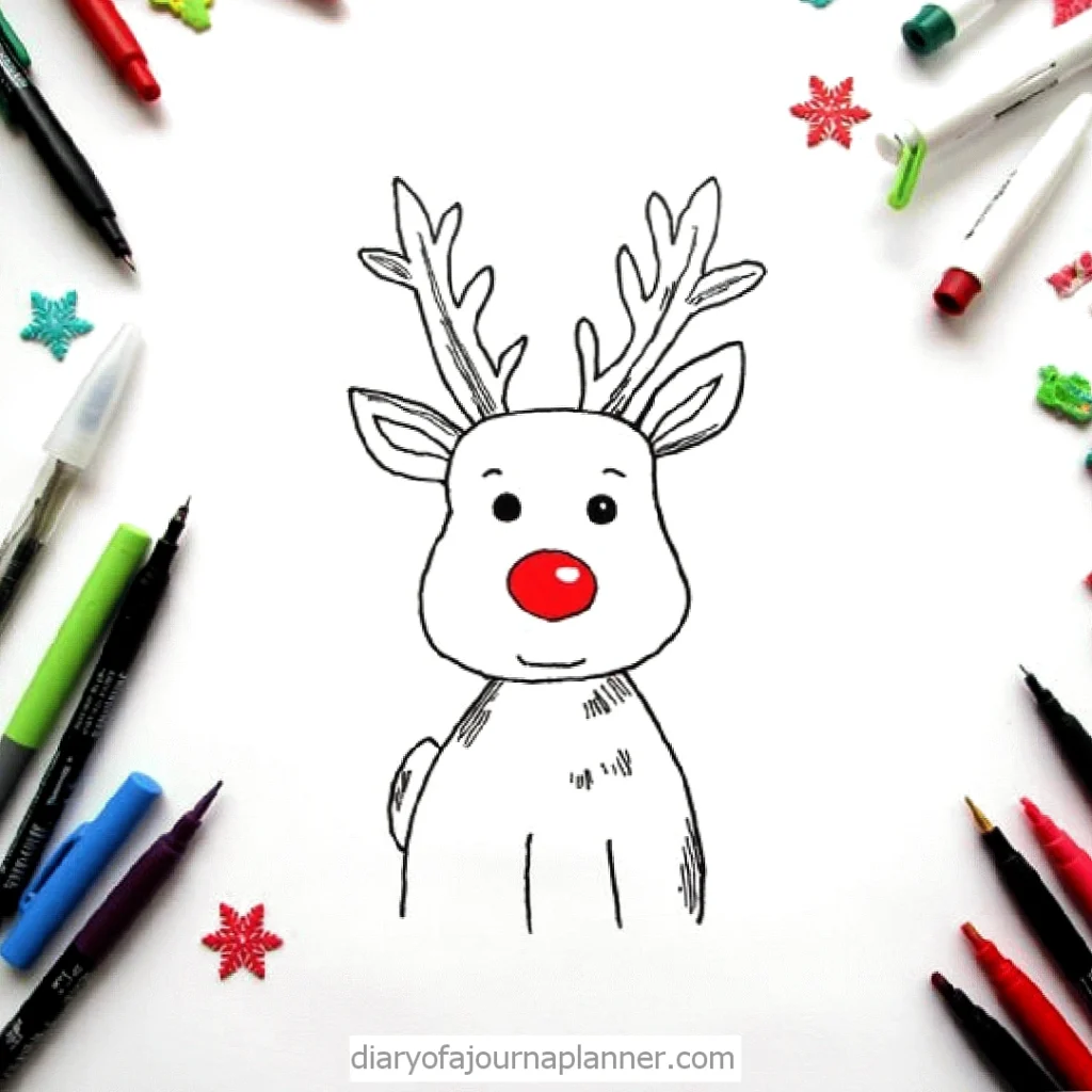 Cute reindeer drawing with red nose surrounded by colorful markers and pens on a white background.