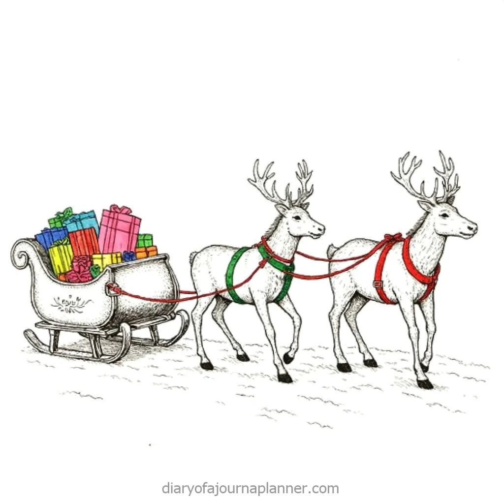 Illustration of two reindeer pulling a sleigh full of colorful Christmas presents, decorated with festive harnesses.