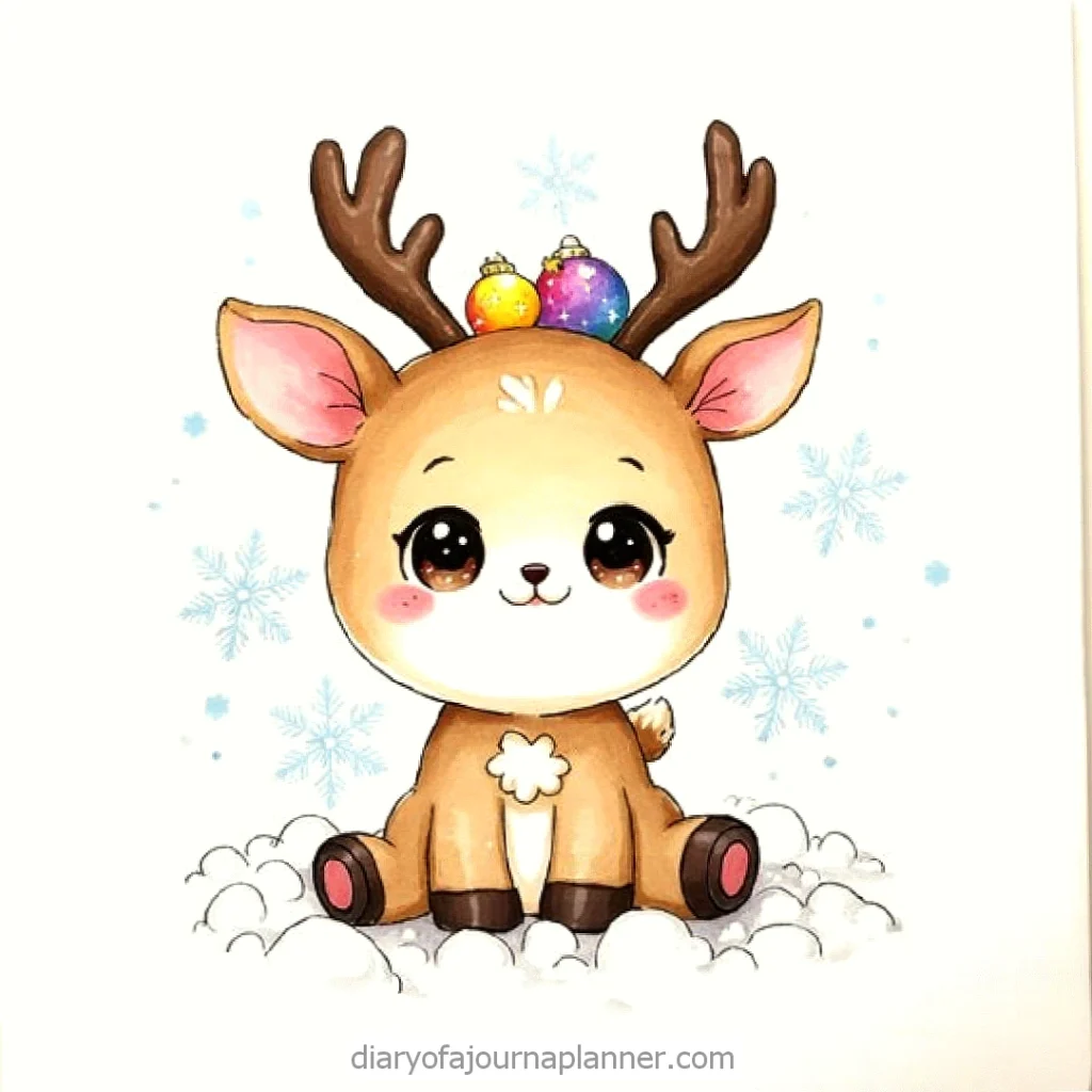 Cute cartoon reindeer with ornaments on antlers sitting in snow, surrounded by snowflakes and pastel blue background.