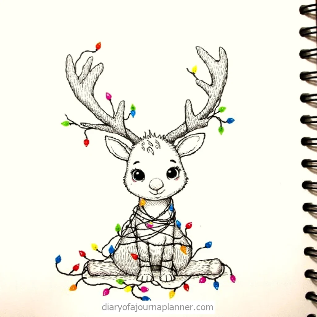 Cute reindeer sketch with colorful Christmas lights tangled around it, sitting on a white background.
