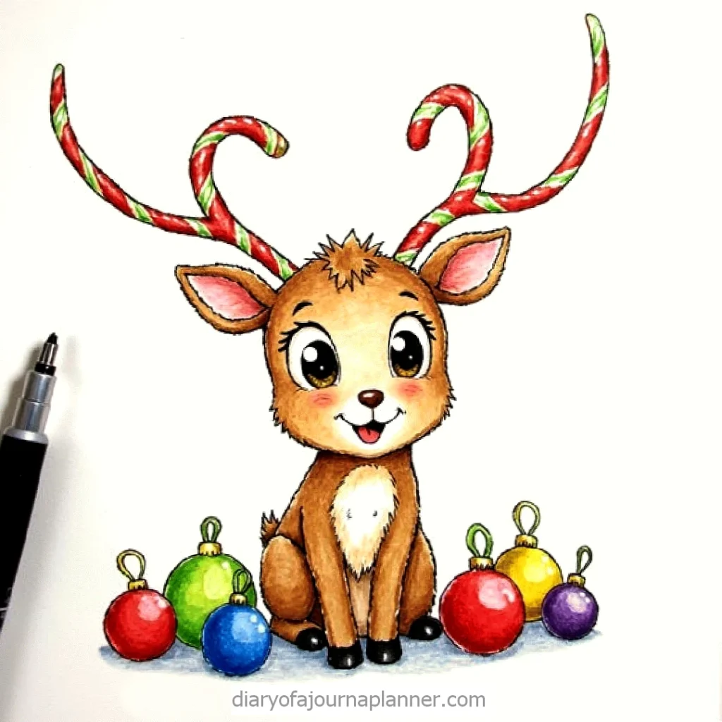 Cute cartoon reindeer with candy cane antlers surrounded by colorful Christmas baubles.