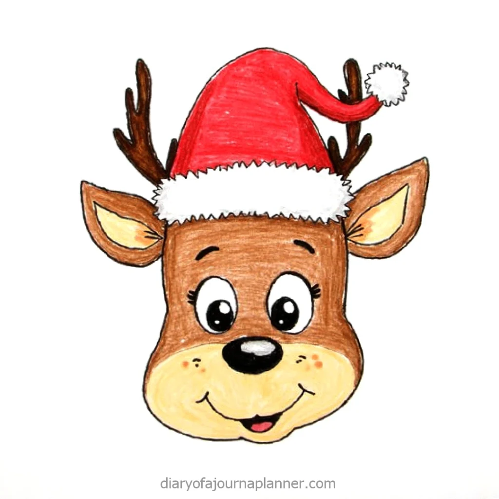 Cartoon reindeer with antlers wearing a Santa hat, smiling joyfully - festive holiday illustration.