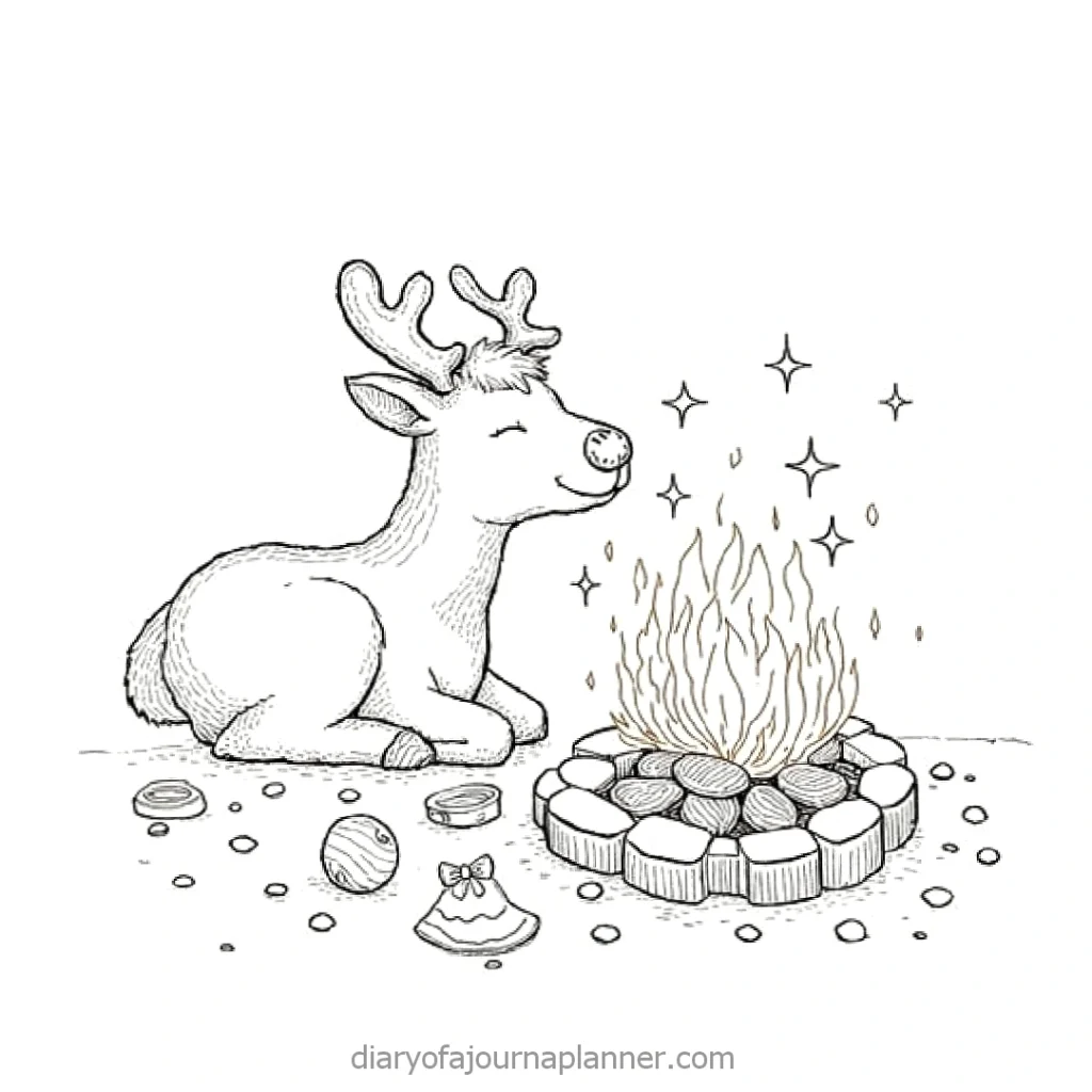 Cute reindeer sitting contentedly by a cozy campfire, surrounded by ornaments and a bell, enjoying the warmth.