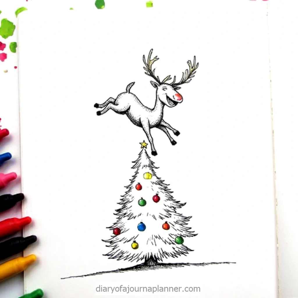 Whimsical drawing of a reindeer jumping over a decorated Christmas tree with colorful ornaments and a star.