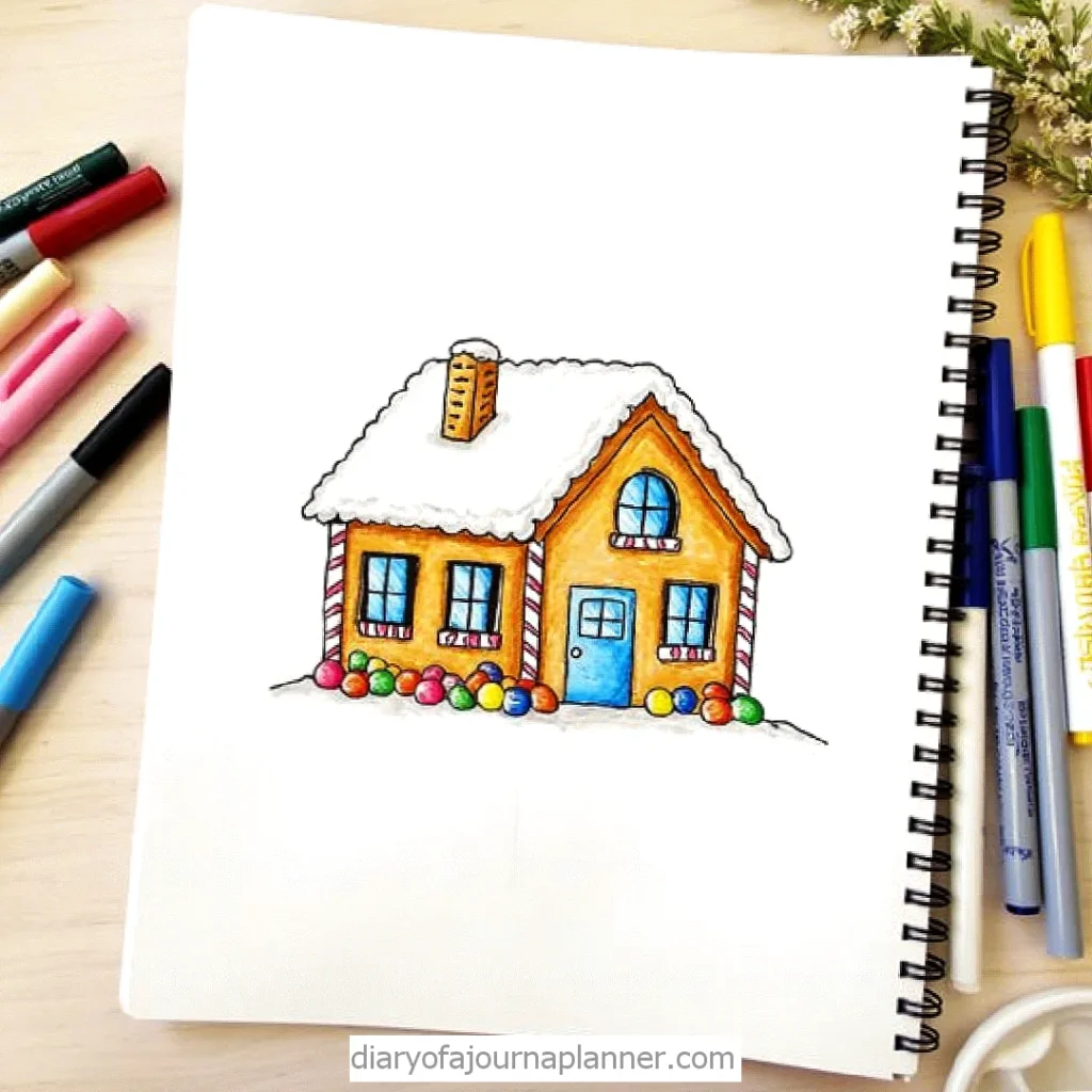 Colorful gingerbread house drawing on notebook with markers scattered around.