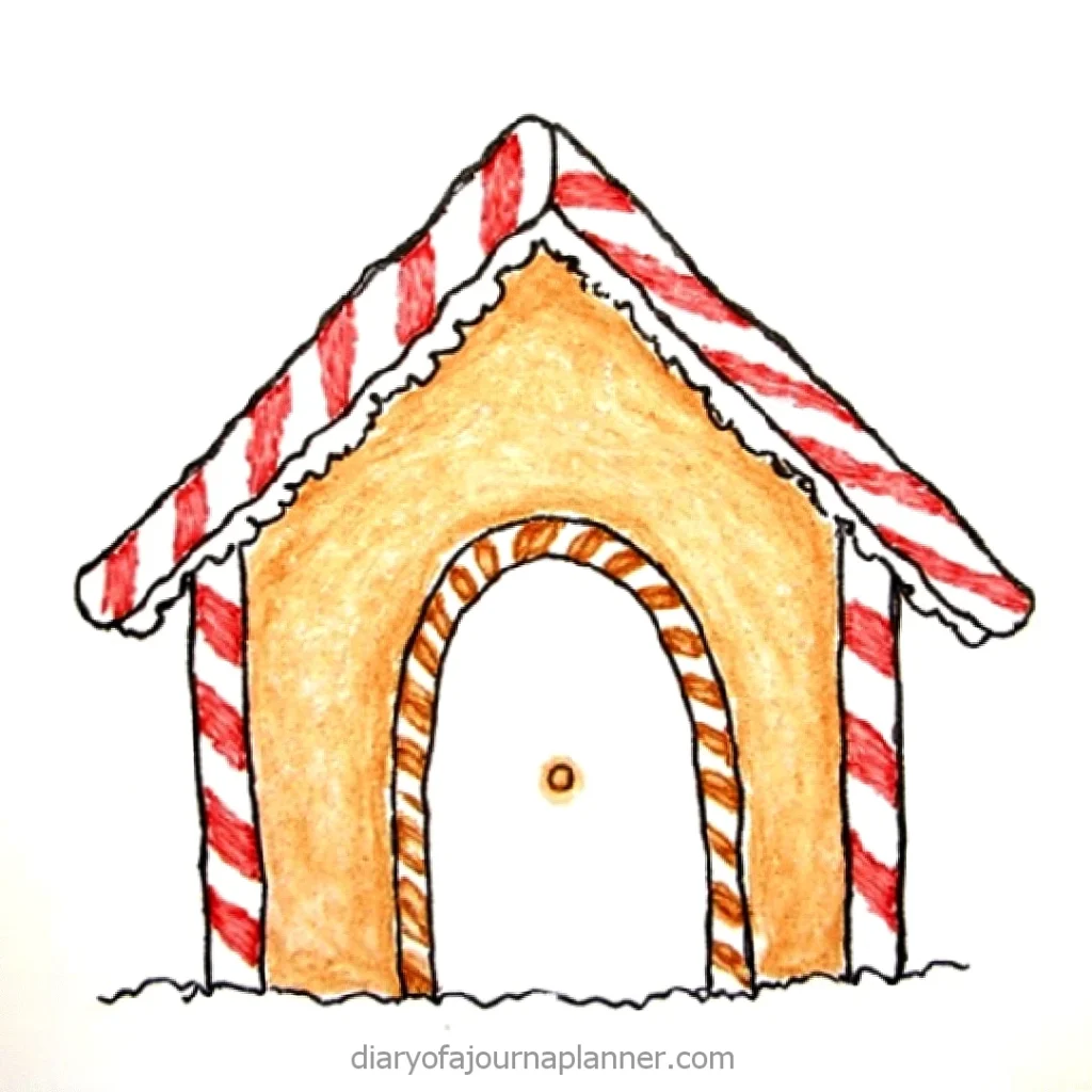 Illustration of a gingerbread house with candy cane roof and door outline.